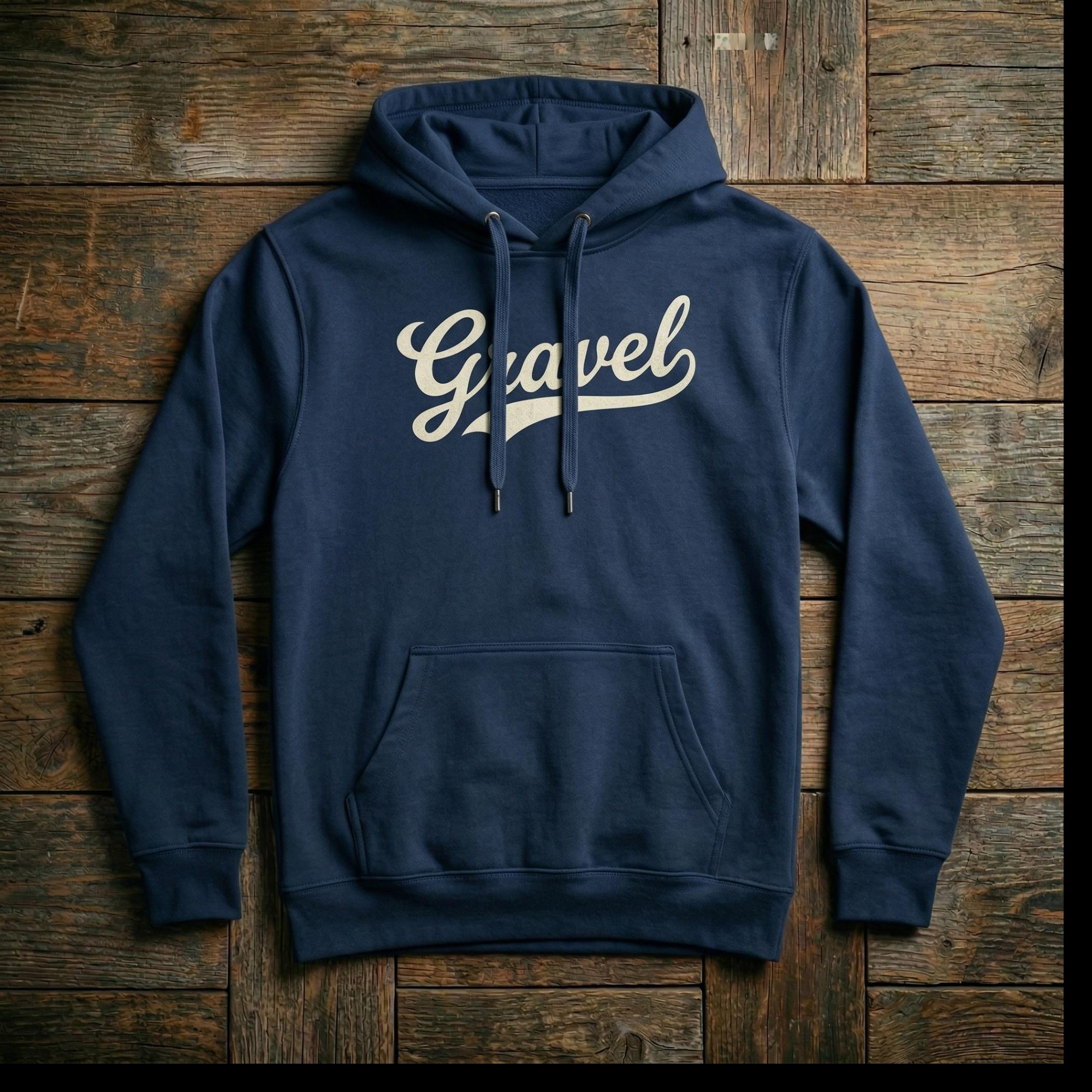 Gravel Mouth The Gravel Hoodie in Navy Blazer — cream vintage script pullover hoodie, front view