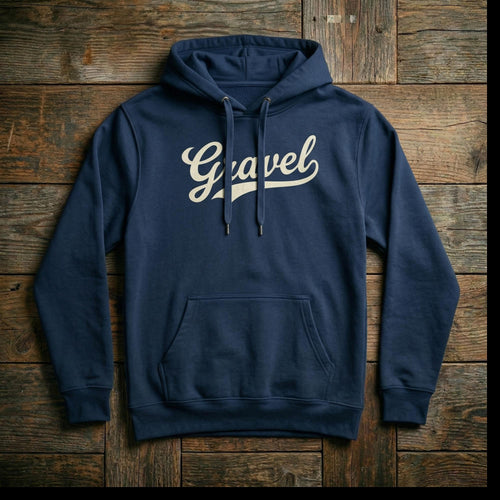 Gravel Mouth The Gravel Hoodie in Navy Blazer — cream vintage script pullover hoodie, front view