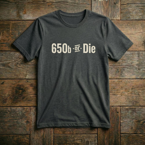 Gravel Mouth 650b or Die T-Shirt in Dark Heather — funny gravel cycling shirt for 650b riders, front view