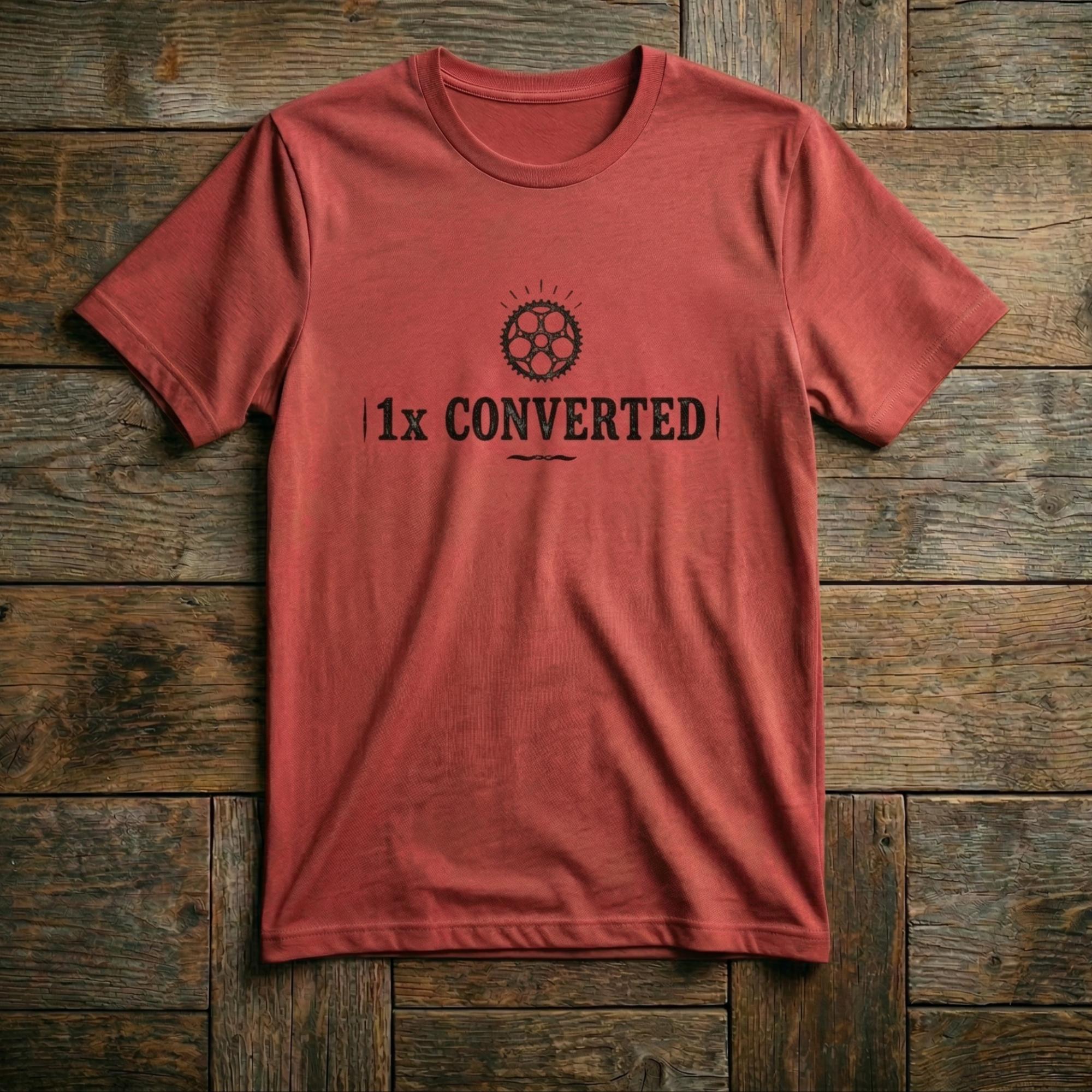 Gravel Mouth The 1x Tee in Heather Red — one chainring gravel cycling t-shirt, front view