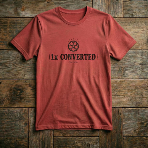 Gravel Mouth The 1x Tee in Heather Red — one chainring gravel cycling t-shirt, front view