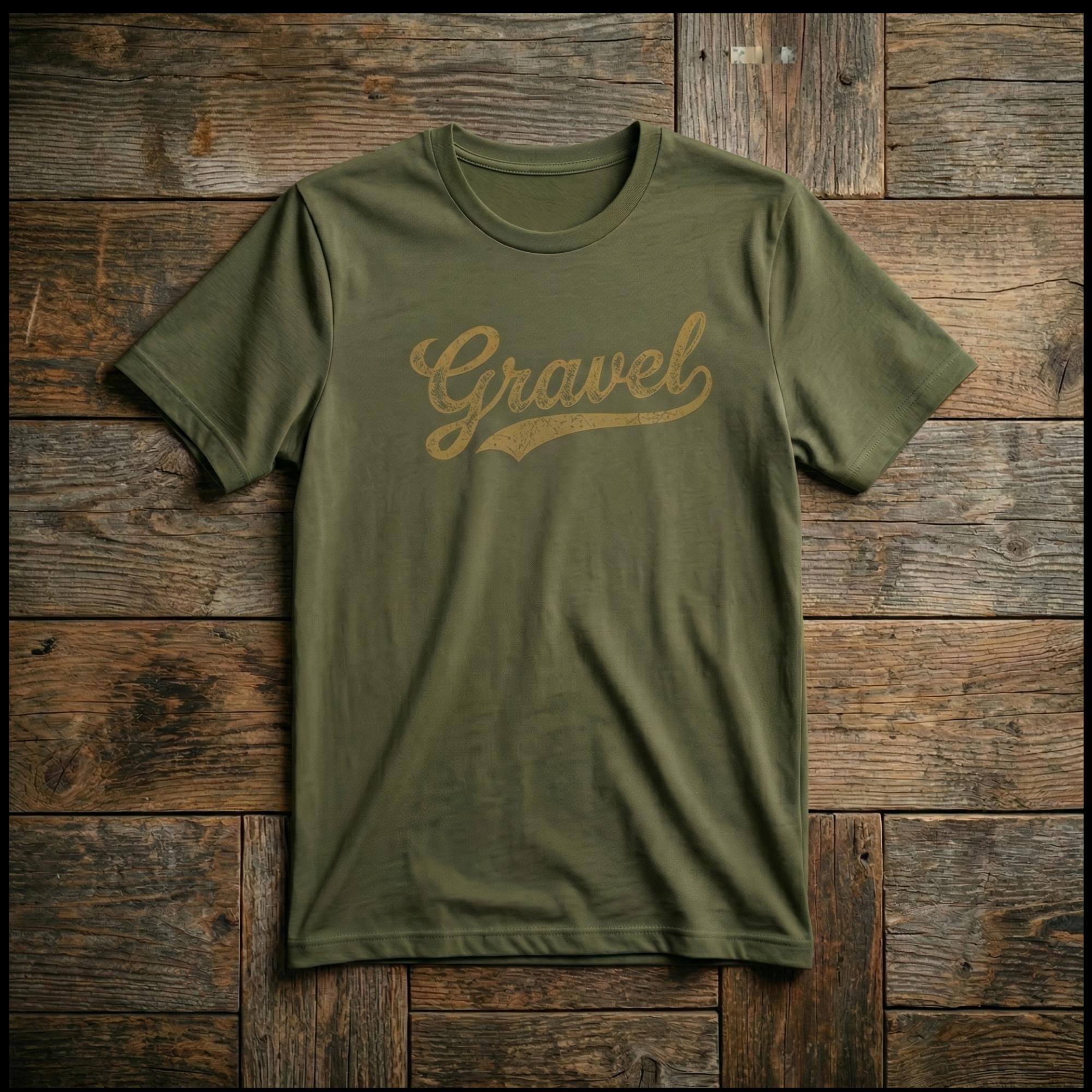 Gravel Mouth The Gravel Tee in Military Green — vintage script gravel cycling t-shirt, front view