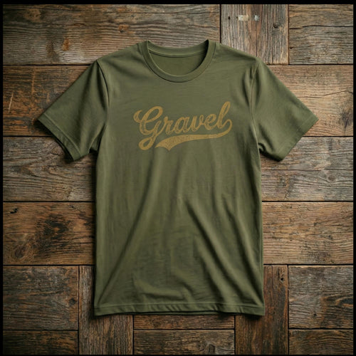 Gravel Mouth The Gravel Tee in Military Green — vintage script gravel cycling t-shirt, front view
